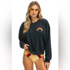 Aviator Nation Rainbow Embroidery Crewneck Sweatshirt in Charcoal Size Small
